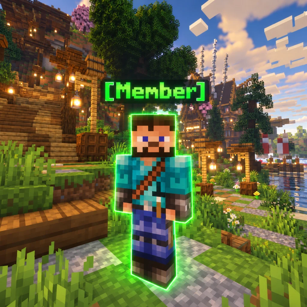 Minecraft-figur med grønn [Member]-tag foran en landsby med lykter og trær