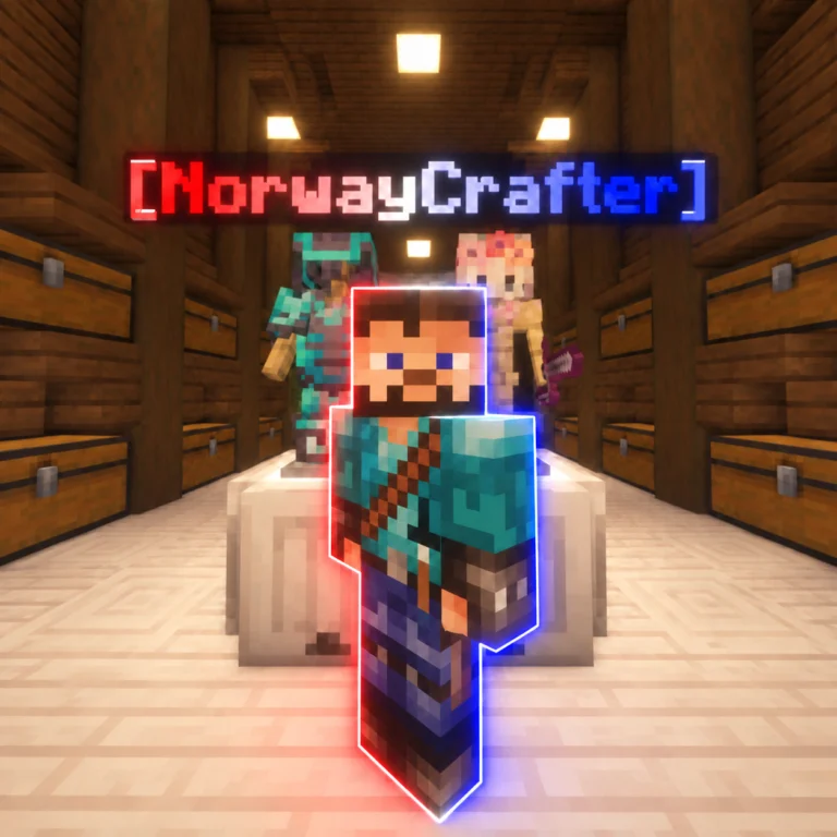 Minecraft-figur med rød, hvit og blå [NorwayCrafter]-tag i et lagerrom med kister