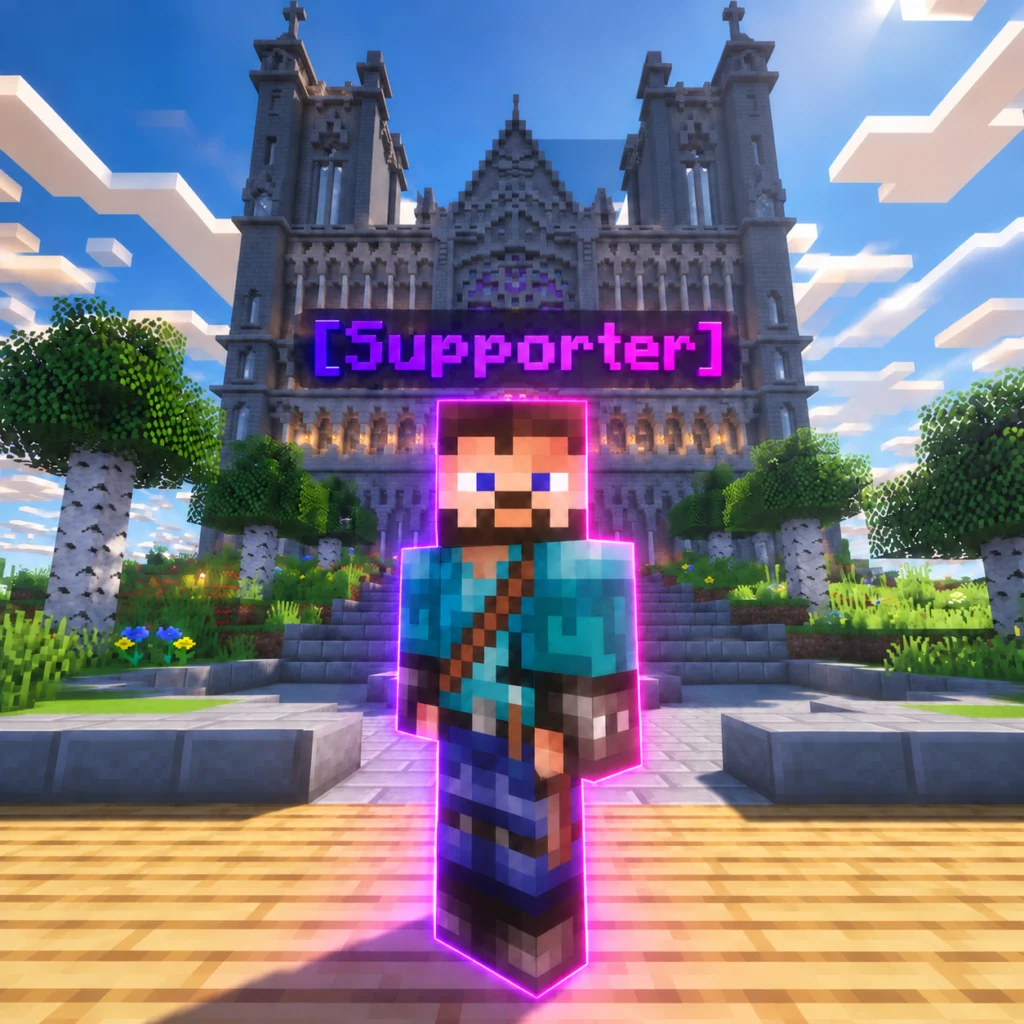 Minecraft-figur med lilla [Supporter]-tag foran en stor katedral